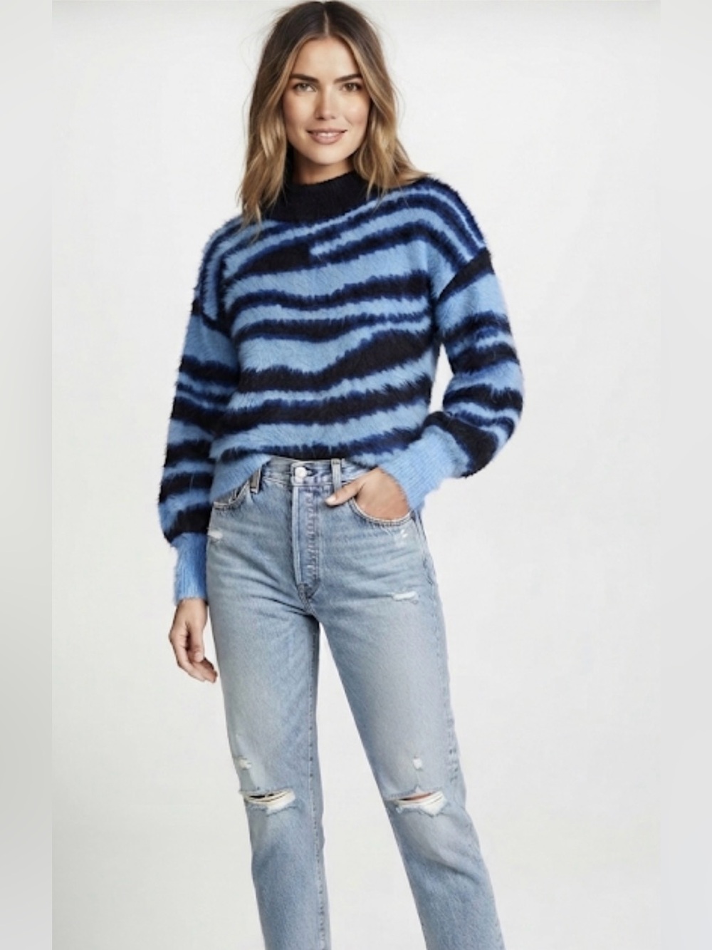 Anthropologie Blue Zebra Tiger Fuzzy Stripe Crewneck Fluffy Mock Sweater XS